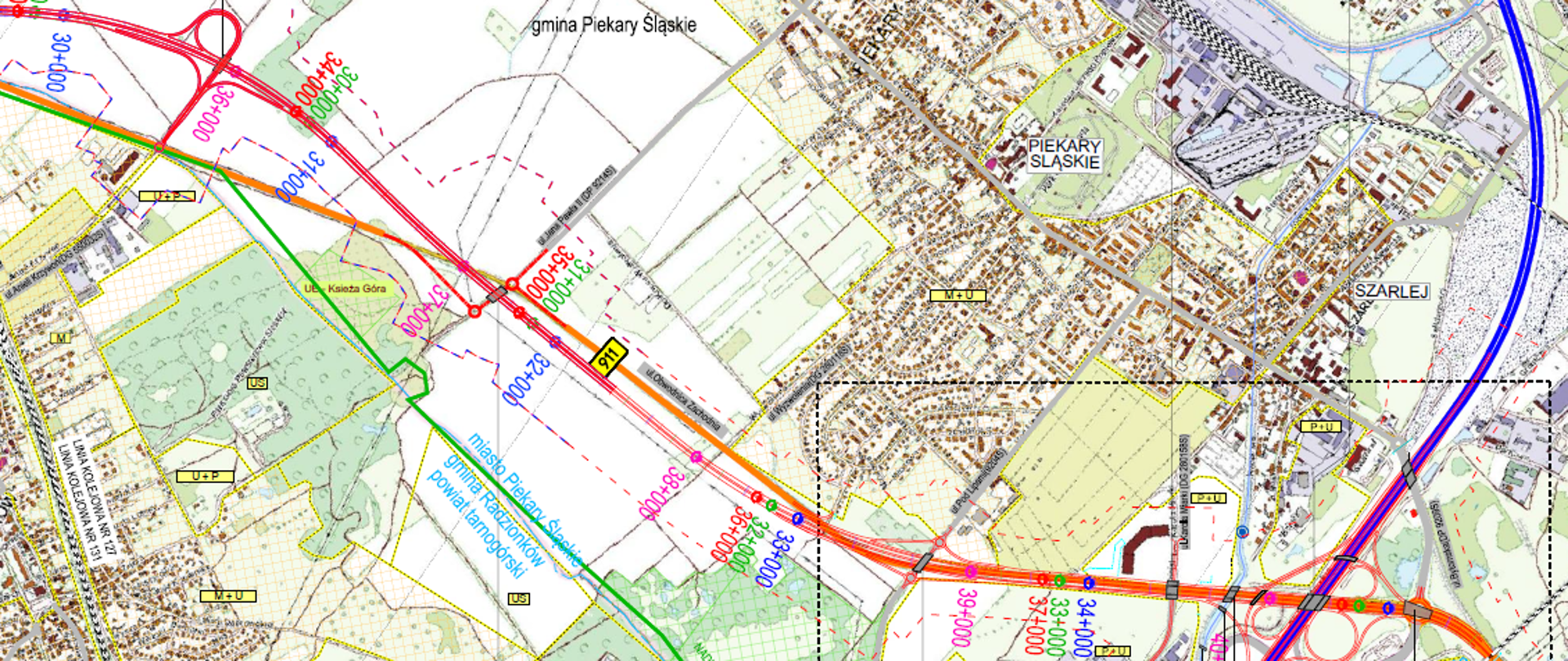 Przebieg orientacyjny S11 od węzła Radzionków do węzła Piekary Śląskie