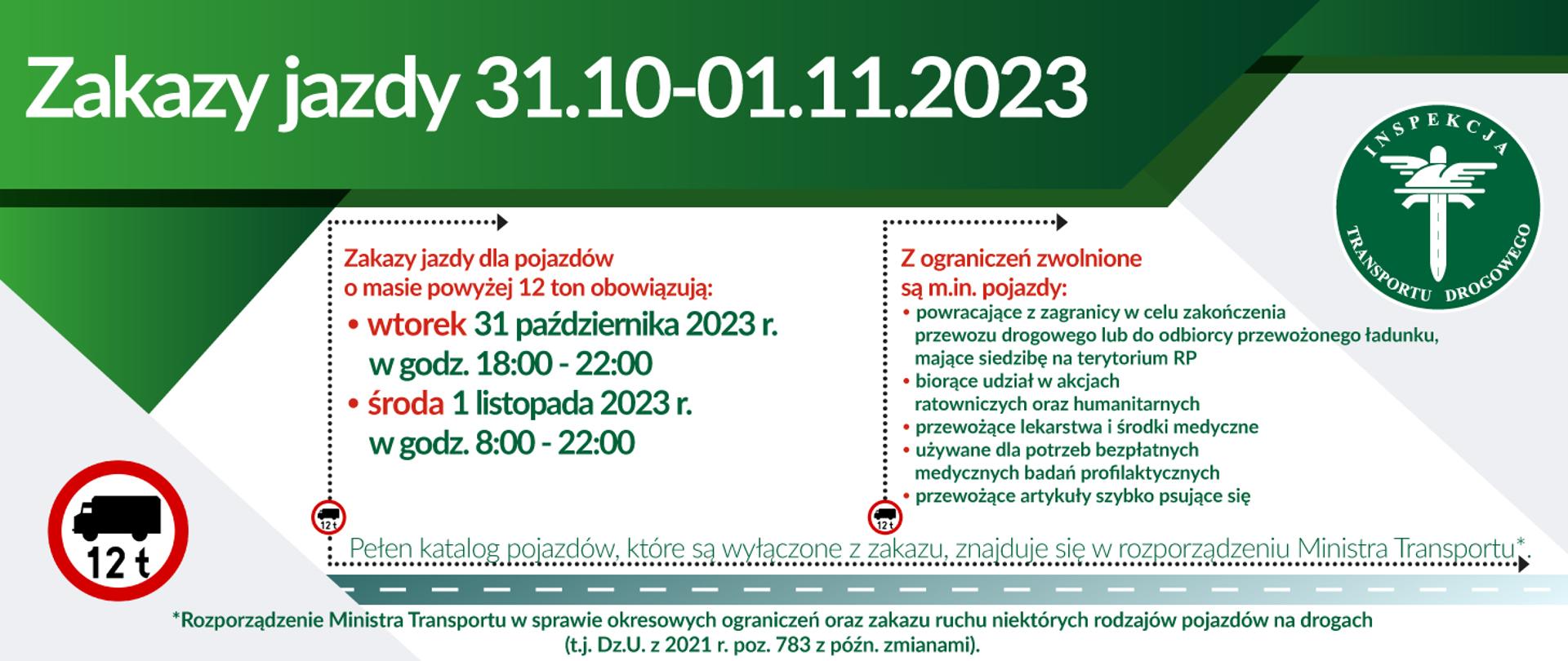 Grafika z treścią informującą o zakazie jazdy niektórych ciężarówek w dniach 31 października (18:00-22:00) i 1 listopada (8:00-22:00)
