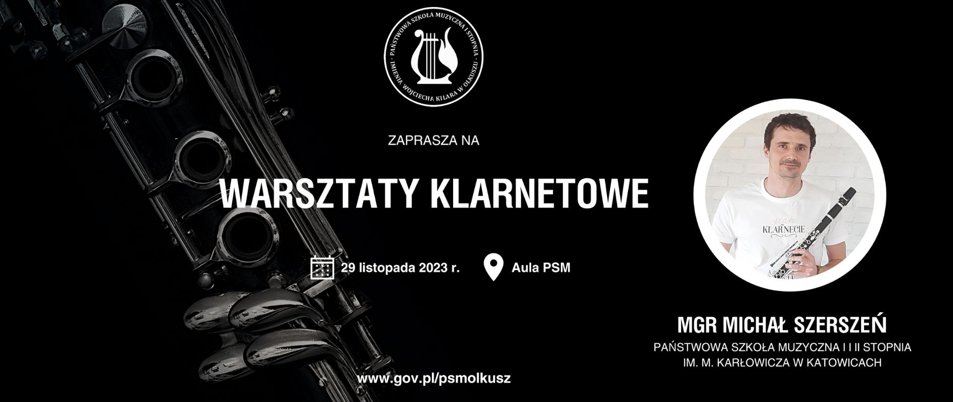 czarne tło, fragment klarnetu i w białym kole zdjęcie prowadzącego warsztaty