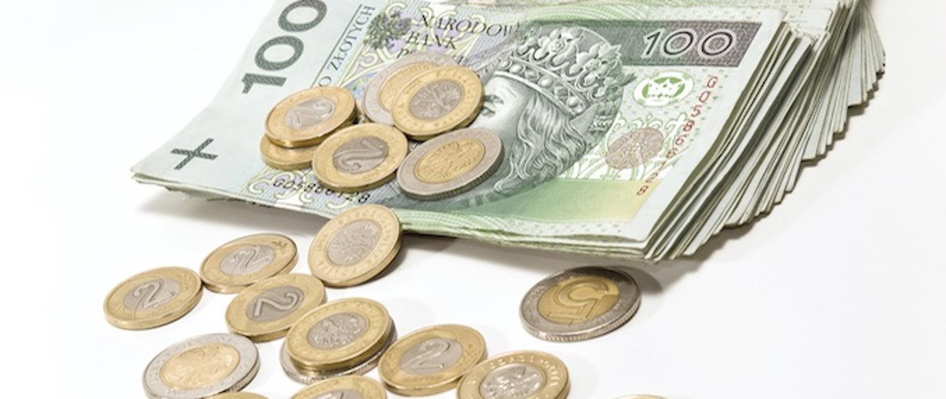 Piled polish banknotes and scattered polish coins.