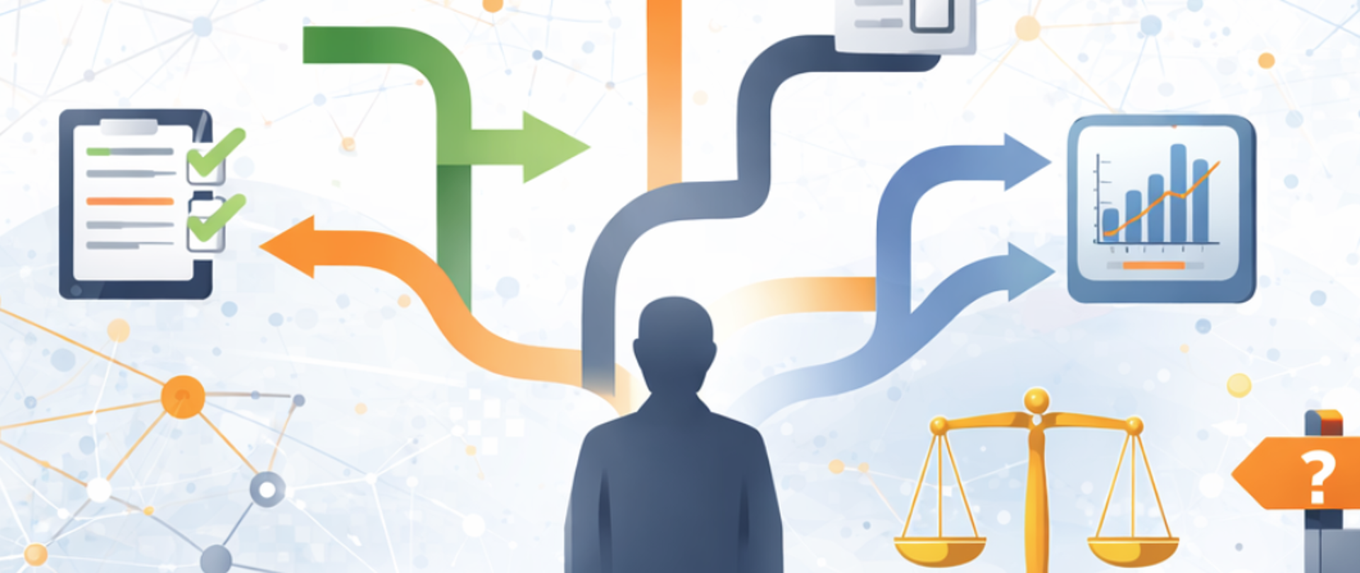 A diagram illustrating the multicriteria decision-making process: a human silhouette with arrows leading to checklists, a results chart, and a scale symbolising the evaluation and comparison of criteria.