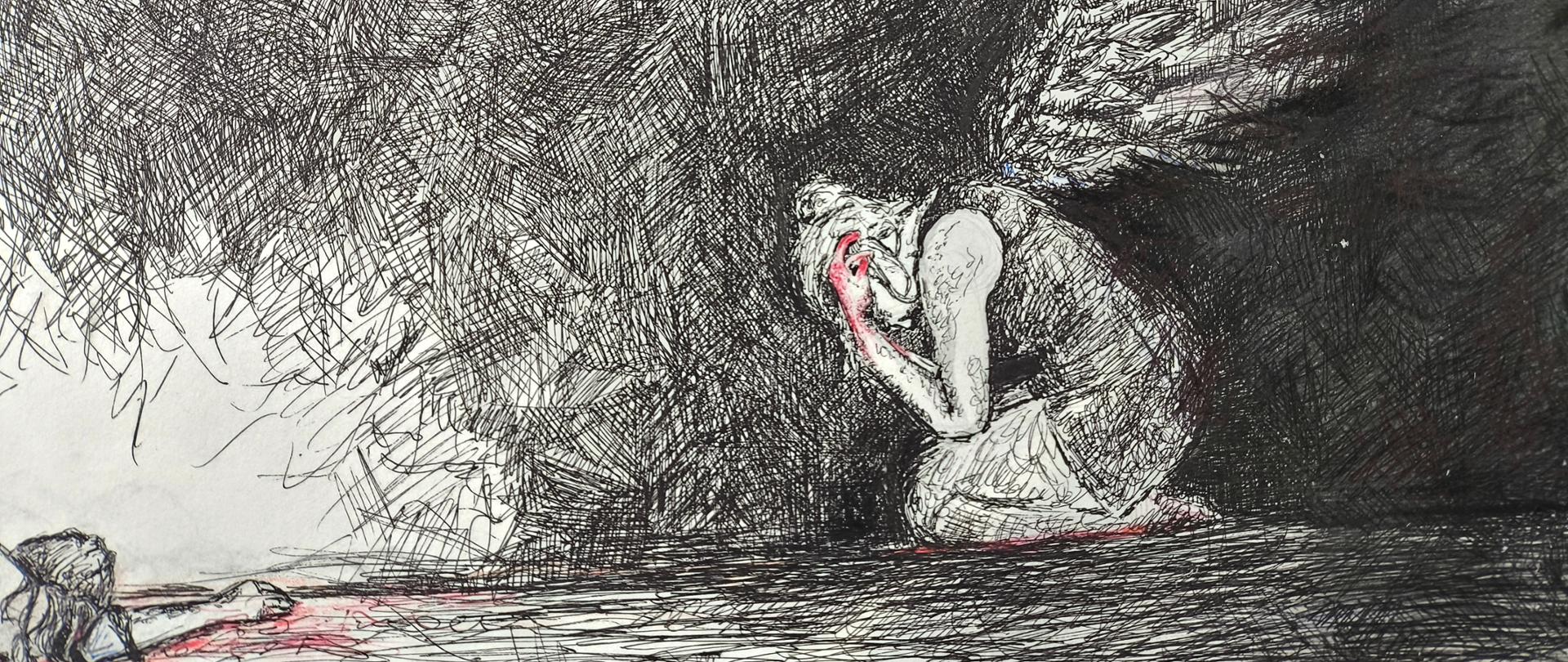 Zdjęcie czarnobiałego rysunku. Po prawej stronie klęczy postać anioła zwrócona w lewą stronę. Zabarwioną na czerwono dłonią trzyma głowę. Przy nogach również widać czerwoną smugę. P lewej stronie na dole widać rękę i tył głowy, obramowane czerwoną smugą