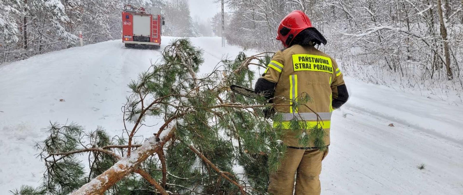 W zimowej scenerii, przy przewrócony drzewie stoi strażak w umundurowaniu specjalnym, który trzyma pilarkę do drewna. W oddali widoczny samochód ratowniczo-gaśniczy.
