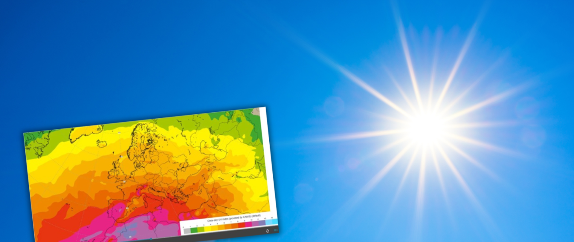 Plansza z jasno świecącym słońcem na niebie i mapą natężenia promieniowania UV na terenie Europy.