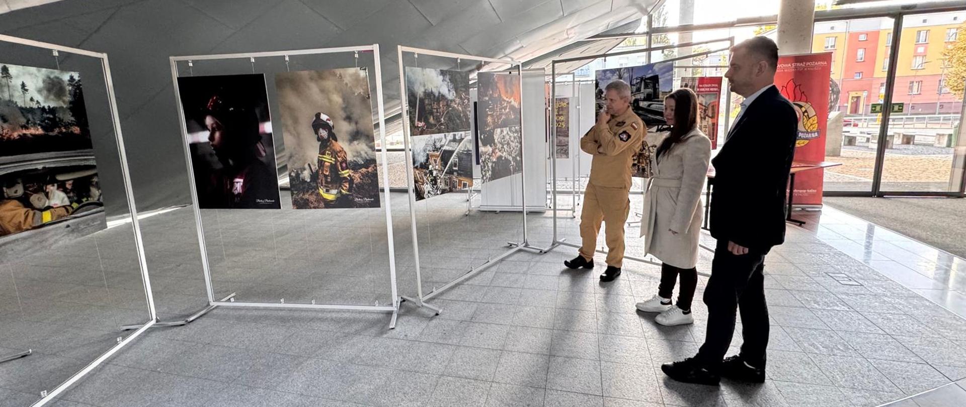 Komendant PSP oraz cywile na tle wystawy.