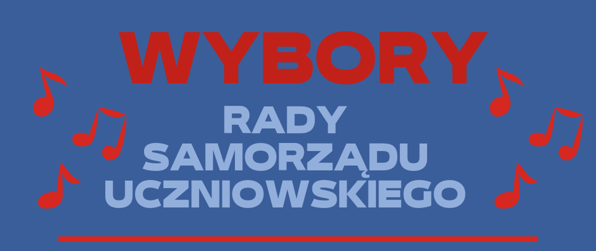 Plakat informacyjny o wyborach Rady Samorządu Uczniowskiego w dniach od 25 do 29 września 2023. Tło plakatu jest niebieskie, na dole znajduje się ikona skrzynki wyborczej z nutkami.