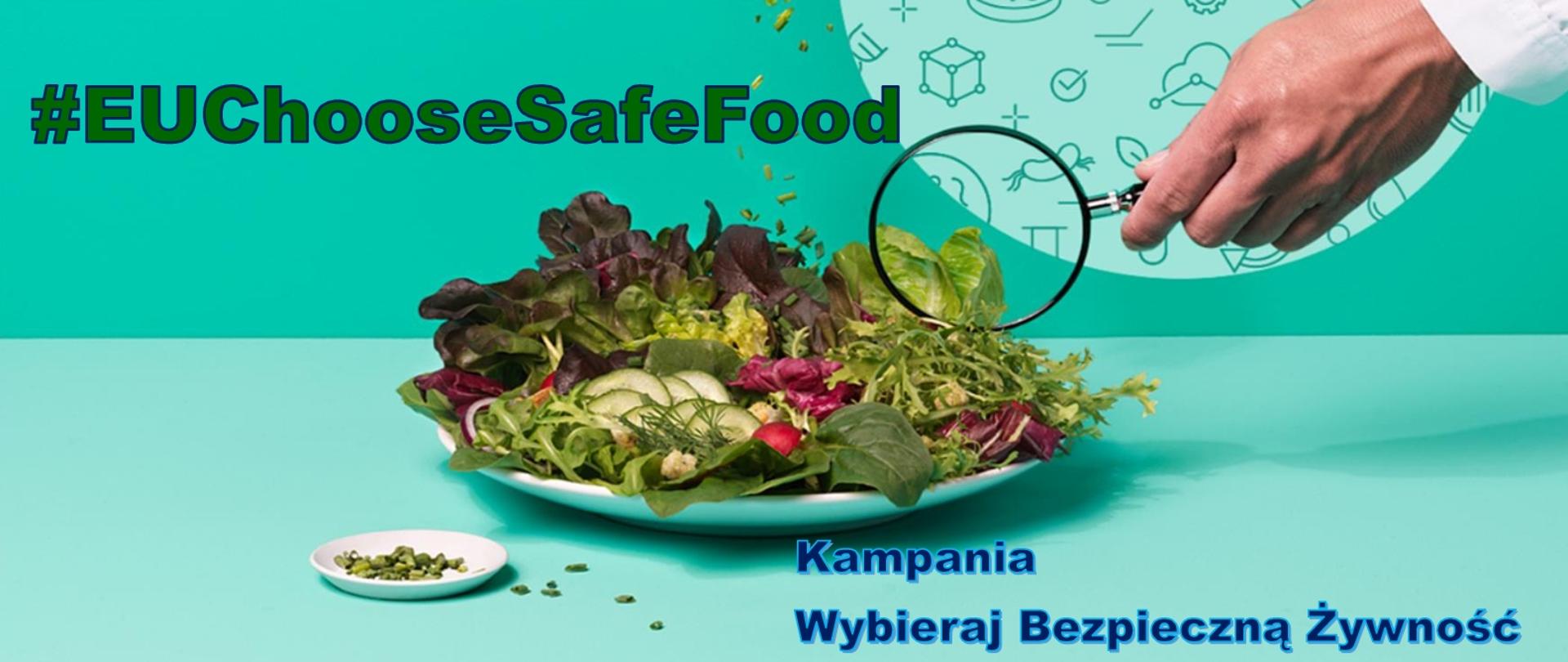 na stole talerz wypełniony różnymi warzywami po prawej stronie dłoń z lupą u góry po lewo napis #EUChooseSafeFood po prawej na dole napis kampania wybieraj bezpieczną żywność
