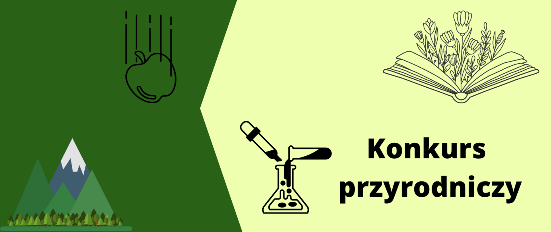 grafika w odcieniach zieleni, zawiera elementy graficzne: góry, menzurki, spadające jabłko oraz napis "Konkurs przyrodniczy"