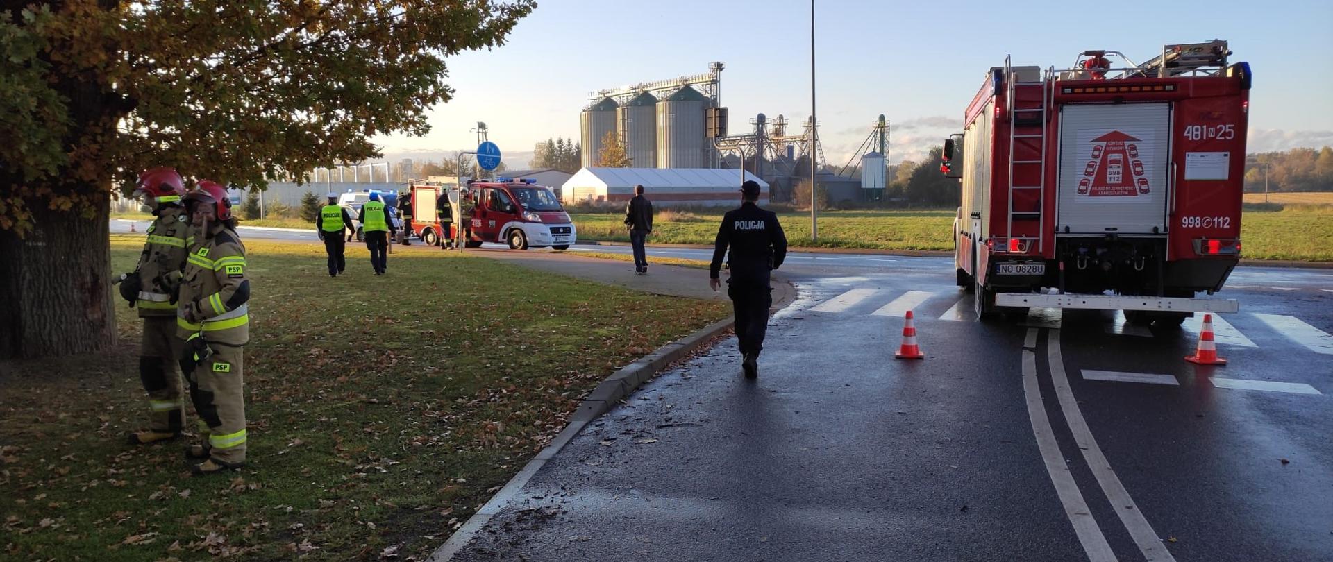 Zdjęcie przedstawia służby podczas pracy przy kolizji w Ornecie.