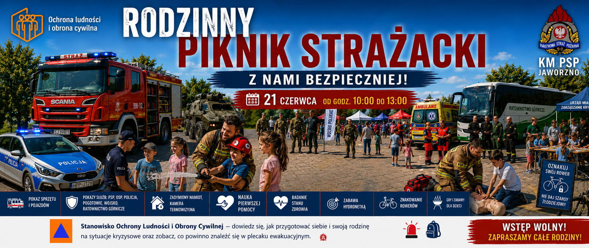 Baner przedstawiający Rodzinny Piknik Strażacki w Jaworznie z udziałem służb ratowniczych i mieszkańców. Na pierwszym planie strażacy prowadzą pokazy dla dzieci, odbywa się nauka pierwszej pomocy oraz prezentacja sprzętu ratowniczego. W tle widoczne są wozy strażackie, radiowóz policyjny, ambulans, pojazd wojskowy i stanowiska edukacyjne. Grafika zachęca do udziału w wydarzeniu promującym bezpieczeństwo, ochronę ludności i aktywne spędzanie czasu z rodziną.