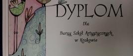Na zdjęciu dyplom dla bursy za udział w Konkursie Piosenki o Miłości, jasne tło, czarne napisy informacyjne, grafika przedstawiająca ptaki, kwiaty