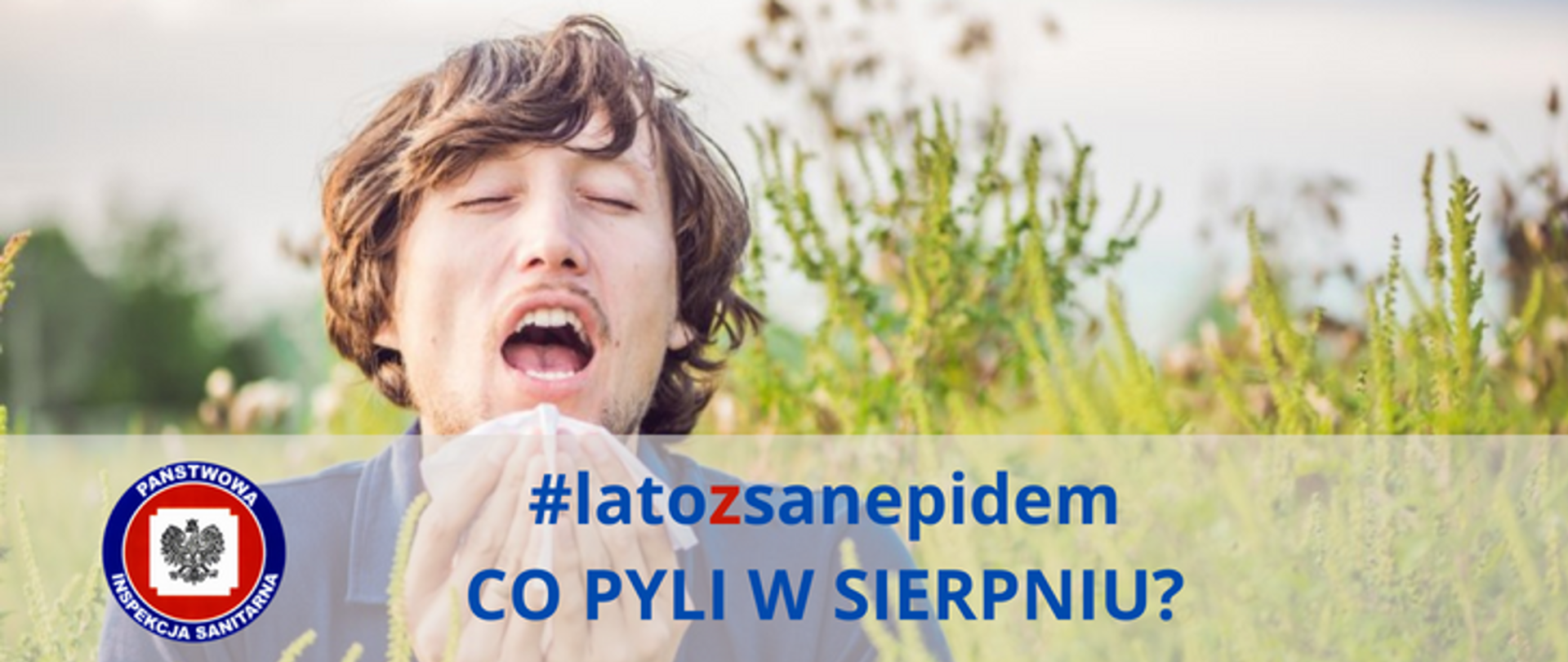 Kichający mężczyzna pod spodem logo inspekcji sanitarnej z dopiskiem lato z sanepidem 