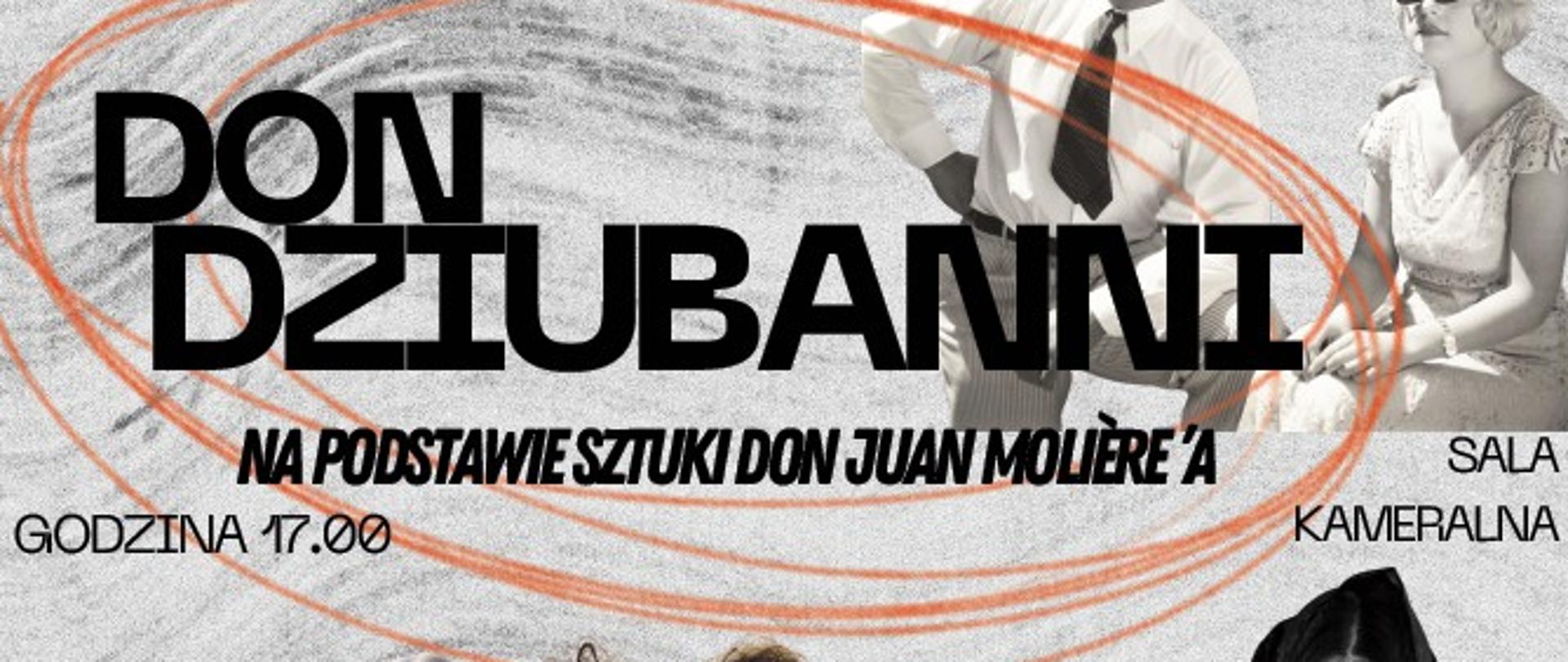 Plakat przedstawia zaproszenie na szkolne przedstawienie teatralne.
U góry znajduje się duży tytuł w czarnych literach: „Don Dziubanni”, a pod nim napis czerwonym kolorem: „Na podstawie sztuki Don Juan Moliera”.
Po lewej stronie widnieje data 13/10, a po prawej – 2025 oraz miejsce spektaklu: „Sala kameralna”. Godzina rozpoczęcia to 17:00.
Tło plakatu ma szaro-czarną, lekko ziarnistą fakturę z dużymi, pomarańczowymi, odręcznymi okręgami otaczającymi tytuł.
W górnej części widzimy czarno-białe zdjęcie mężczyzny w koszuli i krawacie oraz kobiety w sukience i okularach — siedzą naprzeciw siebie.
Dolna część plakatu jest kolorowa i przedstawia grupę młodych osób – uczniów ucharakteryzowanych na bohaterów spektaklu.
Niektórzy mają okulary przeciwsłoneczne, kolorowe koszule, biżuterię i ekspresyjne pozy.
Wśród nich jest dziewczyna w różowej bluzce z kokardą, inna w czarnej marynarce trzymająca sztuczny pistolet, a obok nich chłopcy w stylizacjach retro.
Po prawej stronie stoi uśmiechnięta osoba w czarnym kapeluszu i okularach.
Na dole widnieje podpis:
„Samorząd uczniowski zaprasza wszystkich na spektakl z okazji Dnia Edukacji Narodowej”.
Całość ma humorystyczny i teatralny charakter – widać, że to młodzieżowe przedstawienie inspirowane „Don Juanem” Molière’a, utrzymane w lekkim, współczesnym stylu.