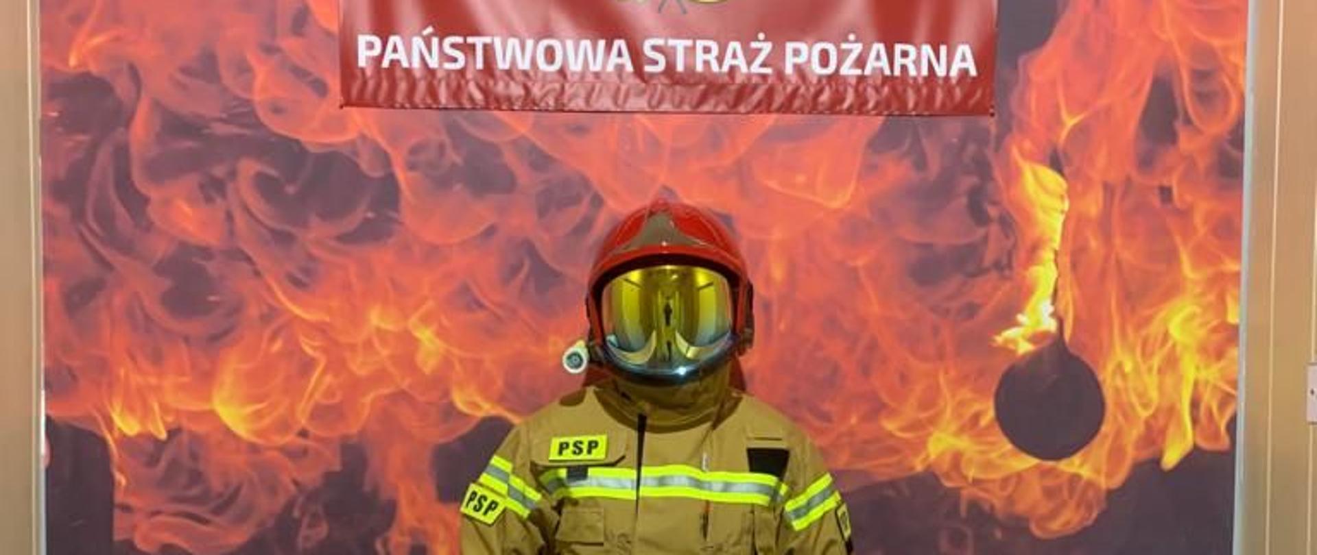 Na zdjęciu widnieje strażak Państwowej Straży Pożarnej. 