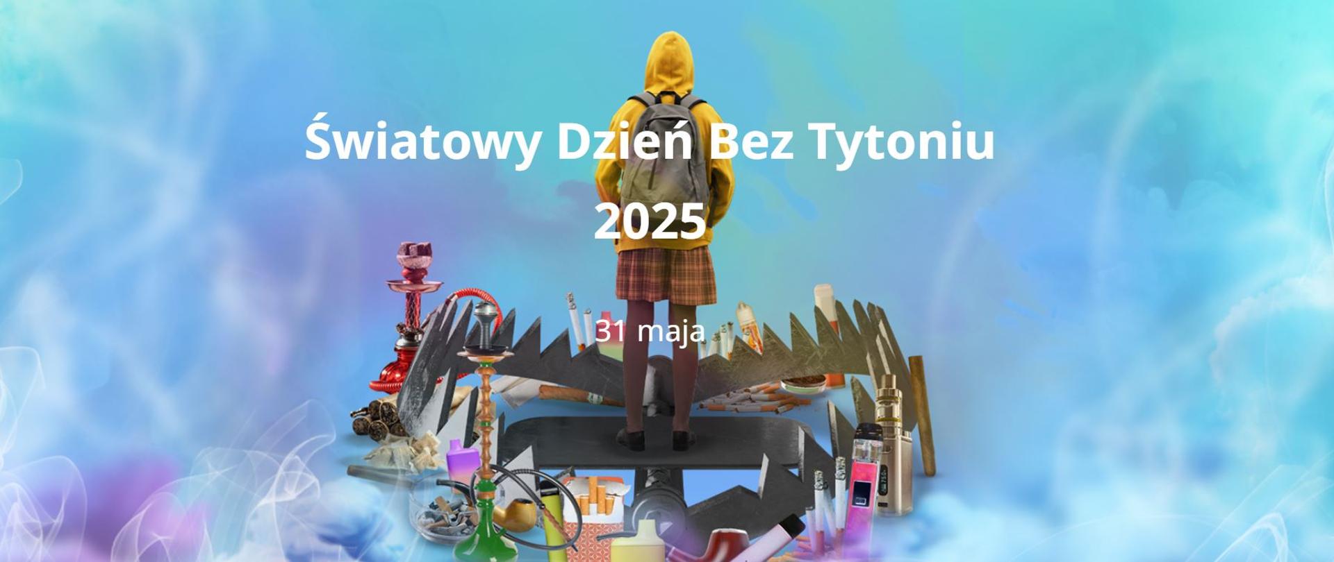 Światowy Dzień bez Tytoniu 2025. Młoda osoba w metalowym potrzasku (pułapce), który stanowią papierosy oraz e-papierosy w kształcie cygar, fajek, długopisów