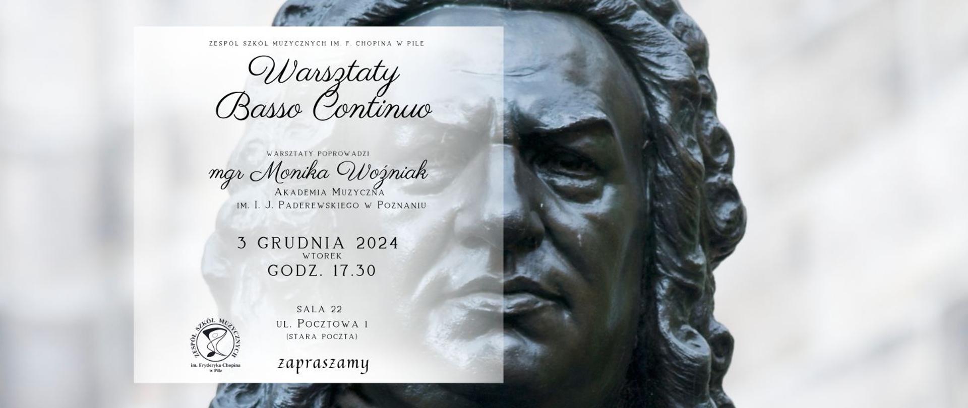 W tle popiersie Jana Sebastiana Bacha, po lewej stronie w mlecznym kwadracie informacja o dacie i miejscu wydarzenia.