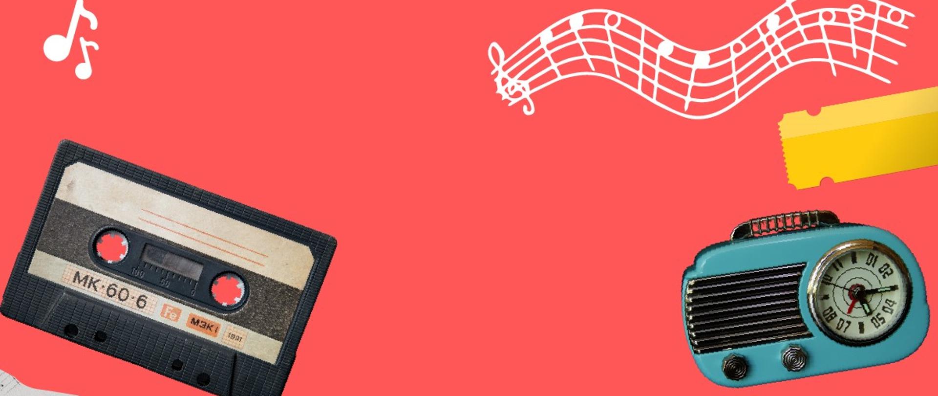 Grafika przedstawiająca z lewej strony kasetę magnetofonową oraz wycinek nut, po prawej stronie widoczna jest płyta winylowa stare radio oraz falująca biała pięciolinia z kluczem wiolinowym. Wszystko jest na pomarańczowym tle.