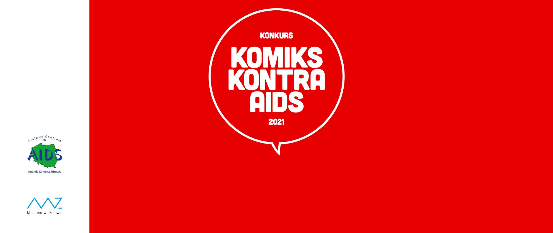 Plansza w kolorze czerwonym z napisem "Komiks kontr aids 2021" w białej obwódce