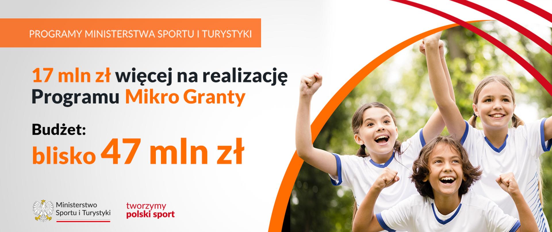 Na górze grafiki widnieje biały napis na pomarańczowym tle Programy Ministerstwa Sportu i Turystyki. Pod tym napisem znajduję się kolejny: 17 mln zł więcej na realizację Programu Mikro Granty. Budżet: blisko 47 mln zł. Po prawej stornie znajduję się zdjęcie trójki dzieci w białych koszulkach, nad którymi są trzy czerwone łuki. W lewym dolnym rogu znajduję się logotyp przedstawiający orła w koronie a obok napis Ministerstwa Sportu i Turystyki. Tworzymy polski sport.