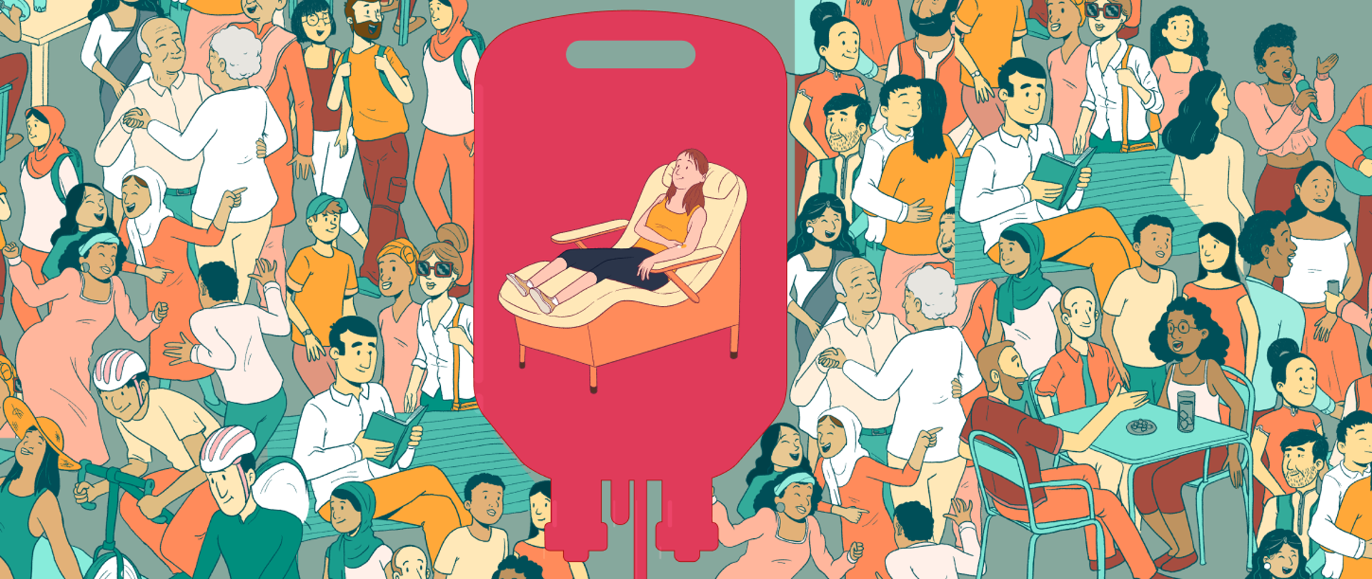 banner Światowej Organizacji Zdrowia z okazji Światowego Dnia Krwiodawcy. Grafika przedstawiająca wielu ludzi przy różnych codziennych czynnościach, a na środku osoba oddająca krew