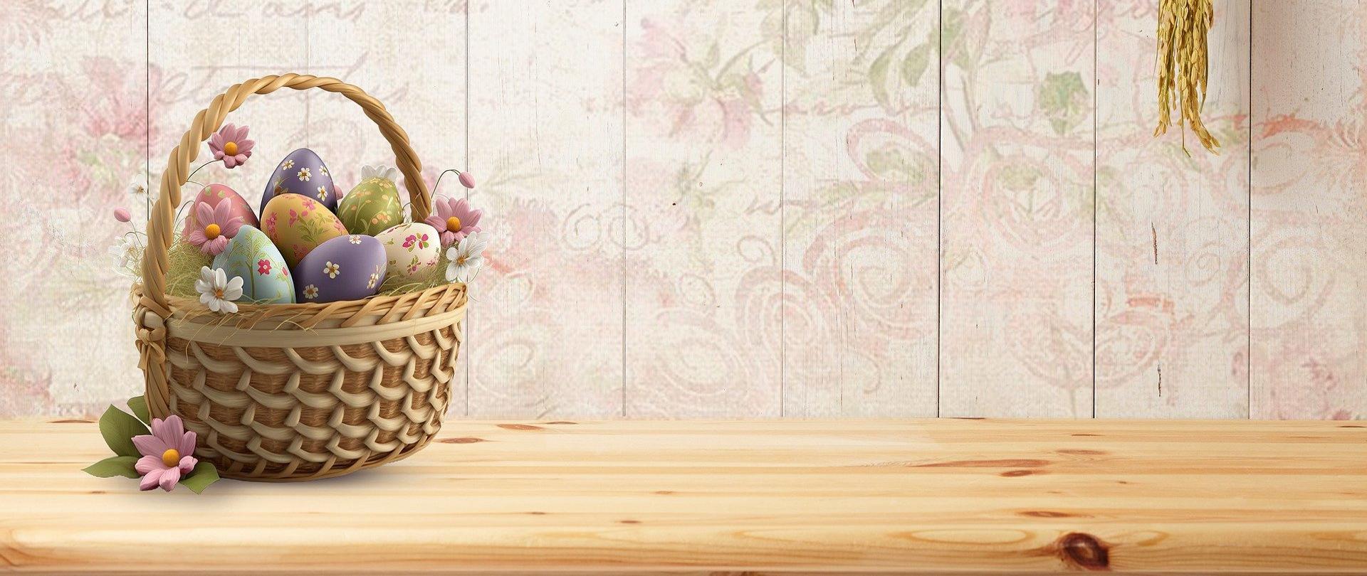 Koszyk z pisankami na drewnianym stole