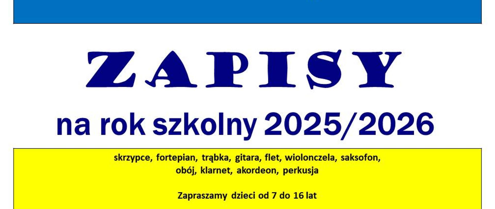 Afisz rekrutacyjny 2025-2026. Informacje o rekrutacji. Zdjęcia budynku szkoły i sali koncertowej.