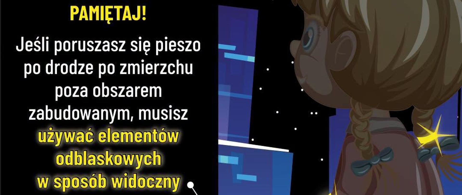 Grafika prewencyjna poruszająca ważną kwestię bezpieczeństwa na drodze i używania elementów odblaskowych na ubraniach.