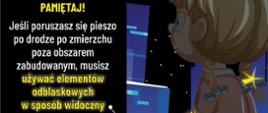 Grafika prewencyjna poruszająca ważną kwestię bezpieczeństwa na drodze i używania elementów odblaskowych na ubraniach.
