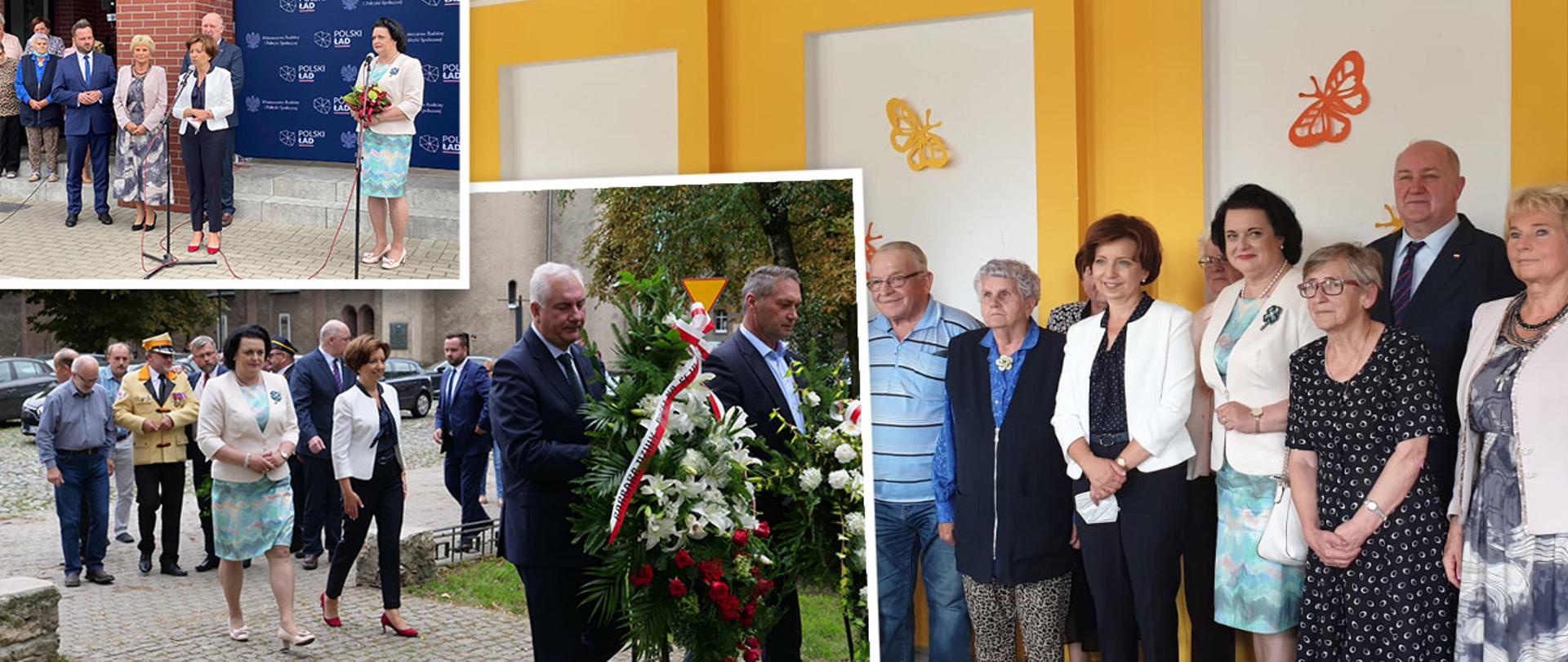 Kolaż zdjęć. W lewym górnym rogu minister stoi przed mikrofonem. Przemawia do zgromadzonych ludzi. Poniżej zdjęcie, na którym widać dwóch mężczyzn niosących wieniec z biało-czerwonych kwiatów, przepasany wstęgą w tych samych kolorach. Za niosącymi kwiaty idzie minister Maląg oraz pozostali ludzie uczestniczący w uroczystości. Obok kolejne zdjęcie minister Maląg w towarzystwie grupy seniorów.