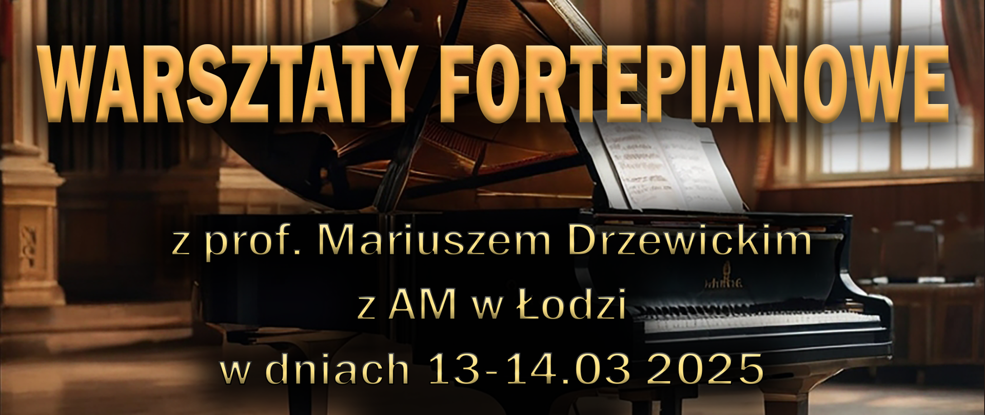 Plakat przedstawia zapowiedź warsztatów fortepianowych w tle fortepian w brązowych barwach oraz złote napisy Państwowa Szkoła Muzyczna I i II stopnia im. Witolda Lutosławskiego w Krasnymstawie zaprasza na warsztaty fortepianowe z prof. Mariuszem Drzewickim z AM w Łodzi w dniach 13-14.03.2025 r. w Auli PSM godz. 11.00