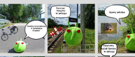 Komiks przedstawiający podróż Pesty czyli zielonego kulistego stwora. Na siedmiu obrazkach widać rower, tory kolejowe oraz karpia w wodzie.