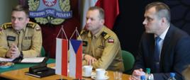Zastępca komendanta głównego PSP wraz z przedstawicielem Czech siedzą przy stole podczas spotkania grupy roboczej, przed nimi stoją flagi Polski i Czech, po ich lewek stronie siedzi funkcjonariusz PSP, za którym stoi baner z logo PSP
