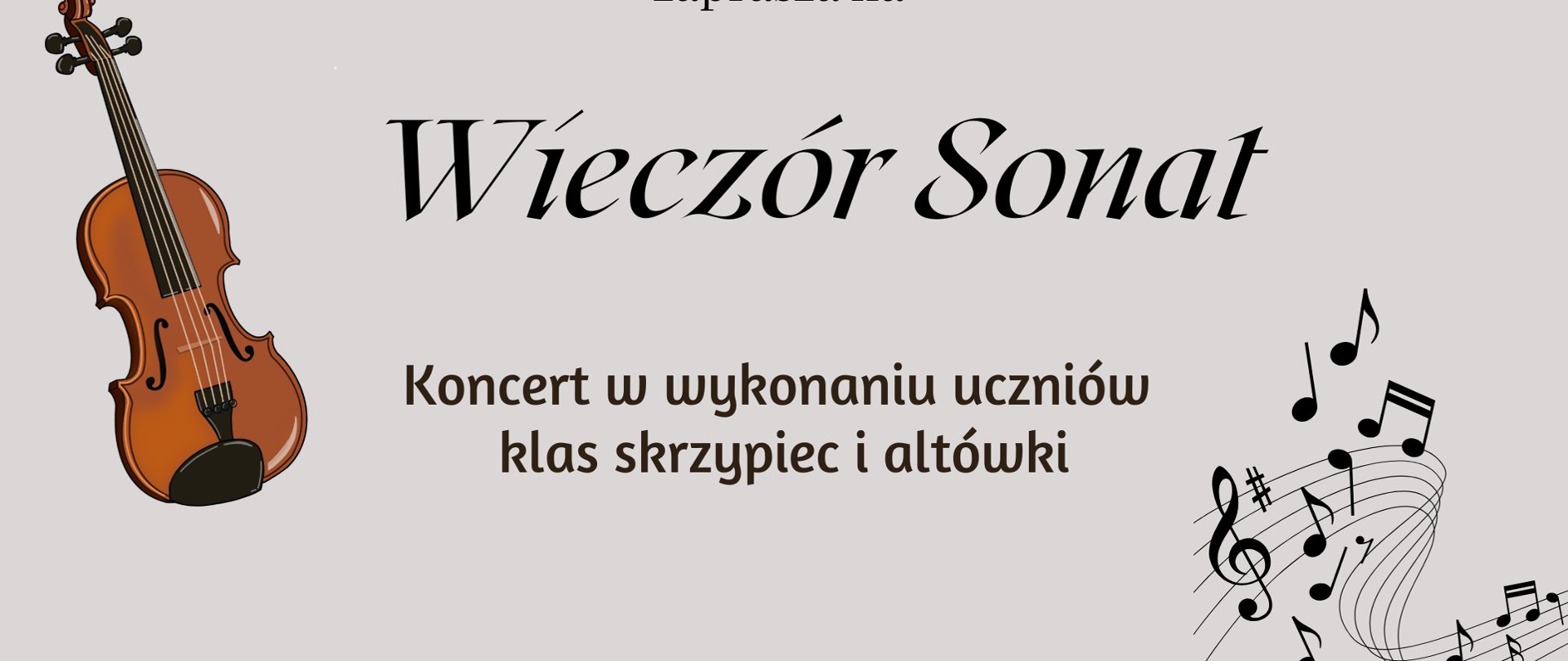 Plakat wieczoru sonat, po lewej grafika skrzypiec brązowa.