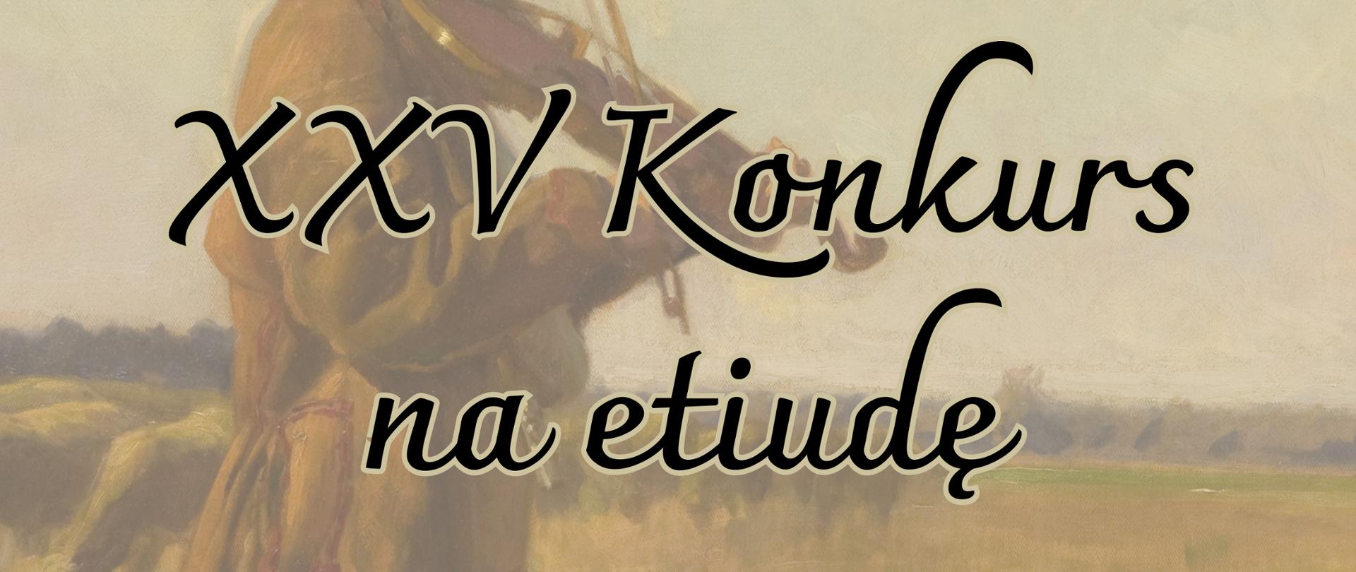 Plakat przedstawia rysunek -obraz chłopca grającego na skrzypcach -akwarela. Na tym tle czarne napisy czcionka ozdobna informująca o konkursie na etiudę klasy skrzypiec 2 grudnia 2025 wstęp wolny.