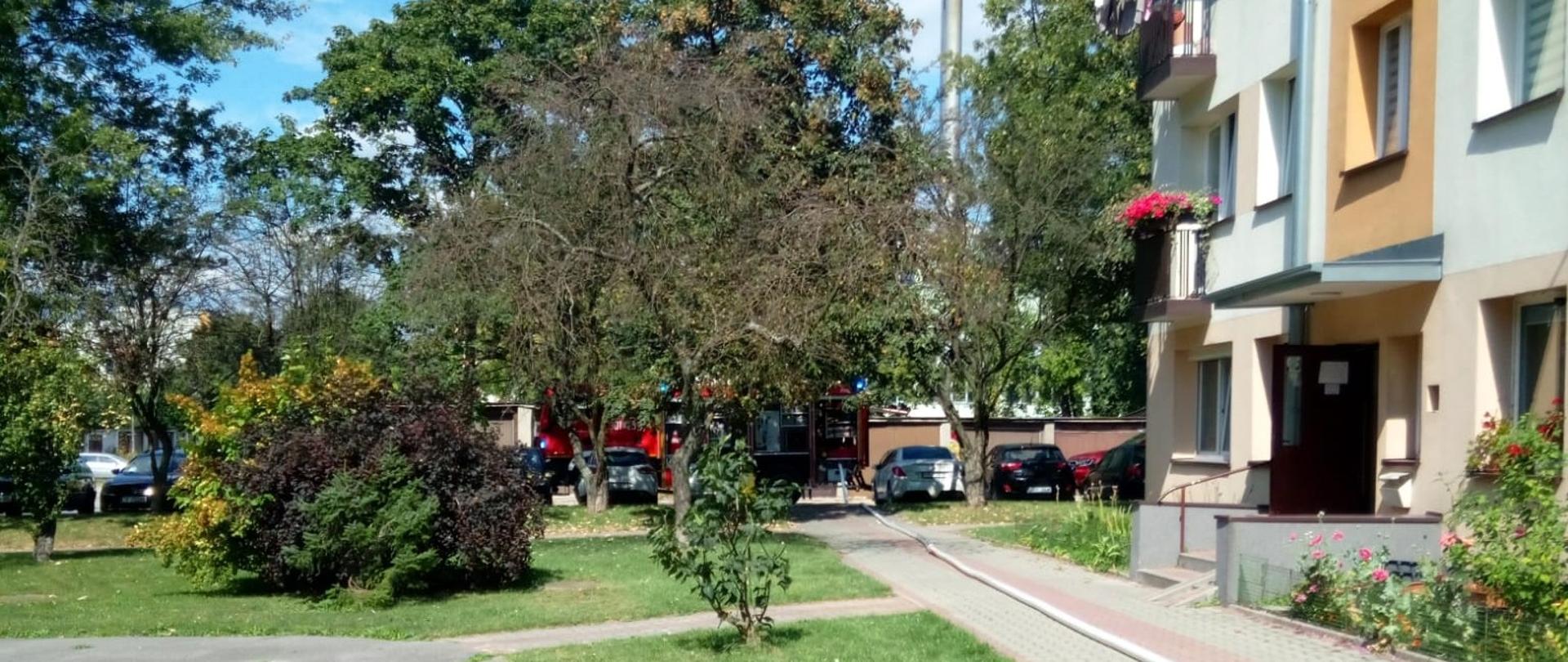 W prawej strony widać budynek wielorodzinny, w którym doszło do pożaru w kuchni w jednym z mieszkań. W głębi widać czerwony samochód pożarniczy.