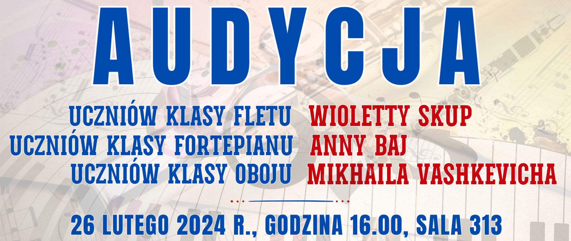 kolorowe tło z fletem poprzecznym leżącym na nutach i klawiaturą fortepianu oraz informacja o wydarzeniu