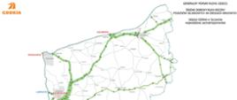 Mapa sieci dróg krajowych województwa zachodniopomorskiego z naniesionymi wynikam Generalnego Pomiaru ruchu drogowego w roku 2020