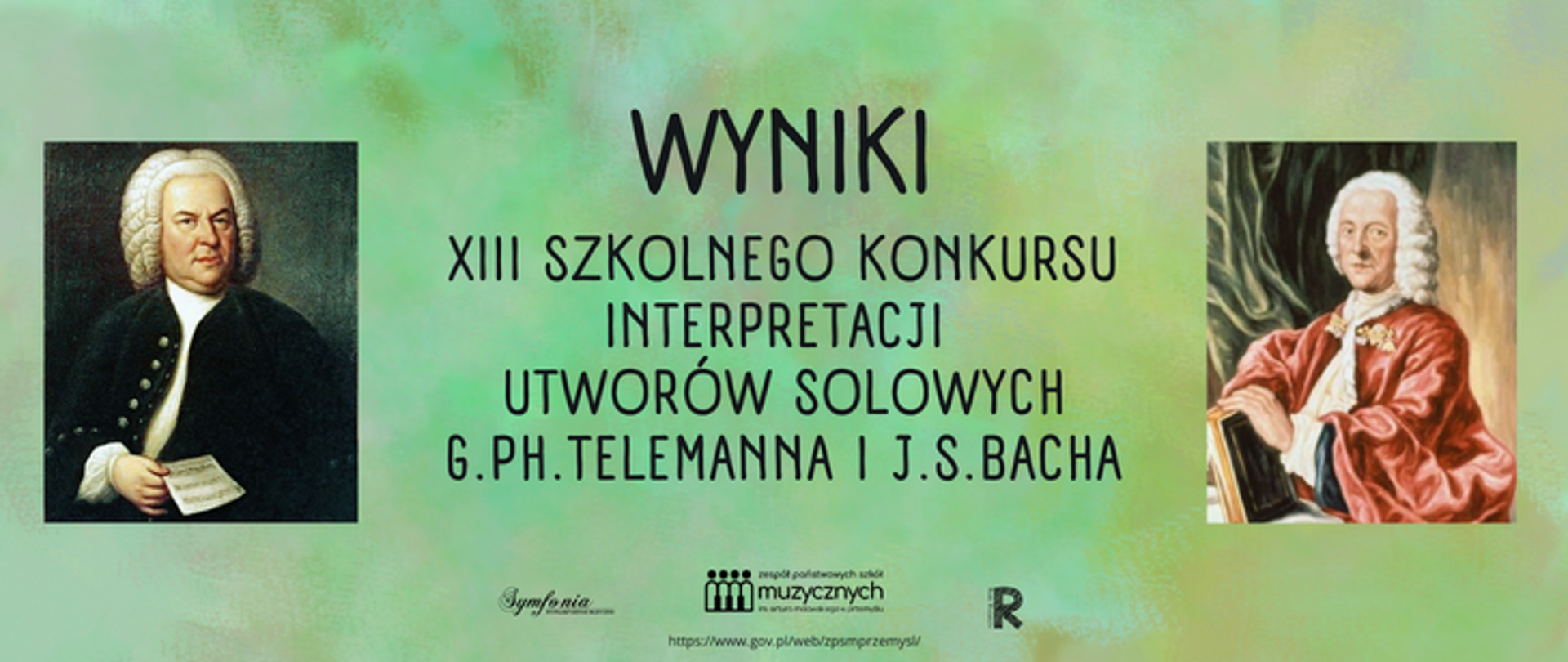 Na zielonym cieniowanym tle po lewej znajduje się portret Jana Sebastiana Bacha, a po prawej portret Georga Filipa Telemanna. Po środku znajduje się napis Wyniki XIII szkolnego konkursu interpretacji utworów solowych G. Ph. Telemanna i J. S. Bacha. Na dole znajduje się logo Symfonii, Rady Rodziców i szkoły oraz adres internetowy szkoły.