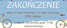 na błękitnym tle białe, brązowe i szare napisy zapowiadające wydarzenie, z lewej i prawej strony fragmenty rowerów