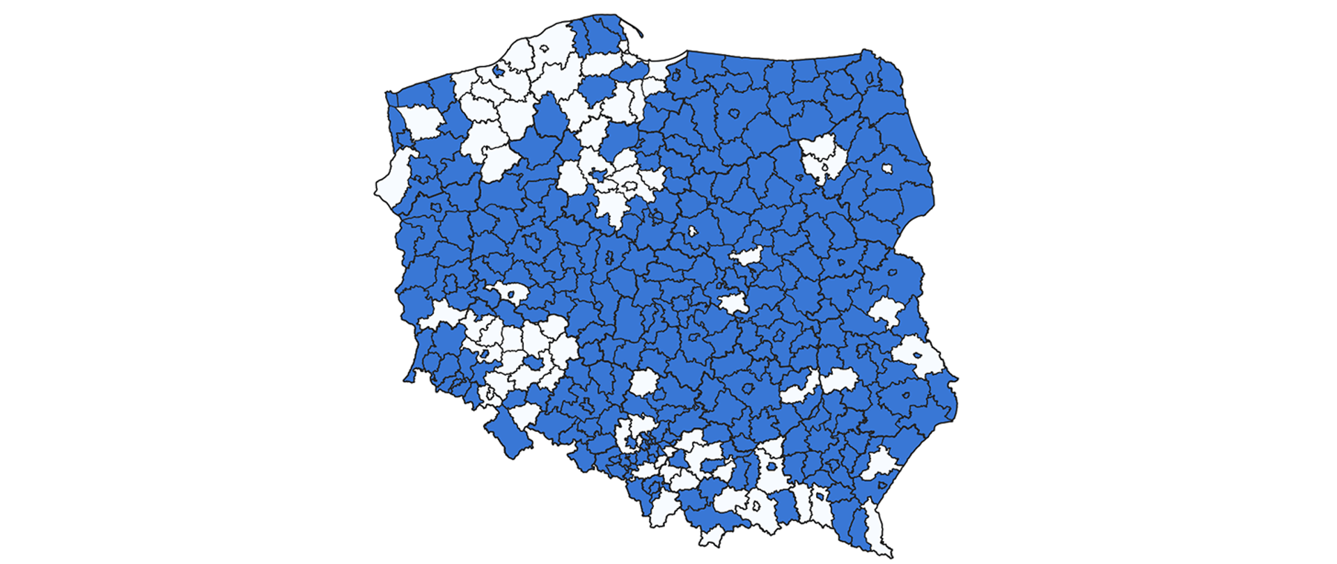 Na rysunku zaznaczono na mapie Polski powiaty, które nie uruchomiły jeszcze usługi WFS z ewidencji gruntów i budynków zgodnie z listą przedstawioną na rys 2.