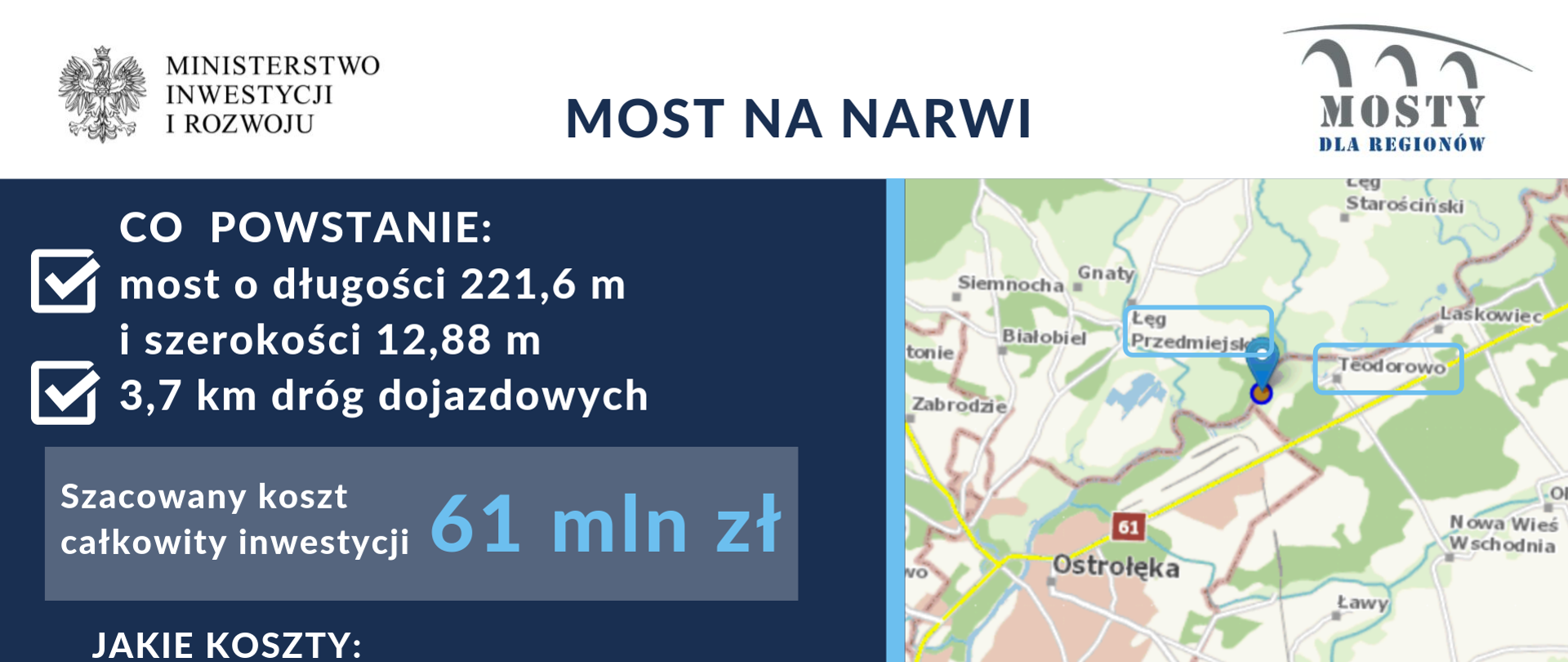 Grafika przedstawiająca informacje dotyczące mostu na Narwi, który powstanie dzięki programowi Mosty dla Regionów.