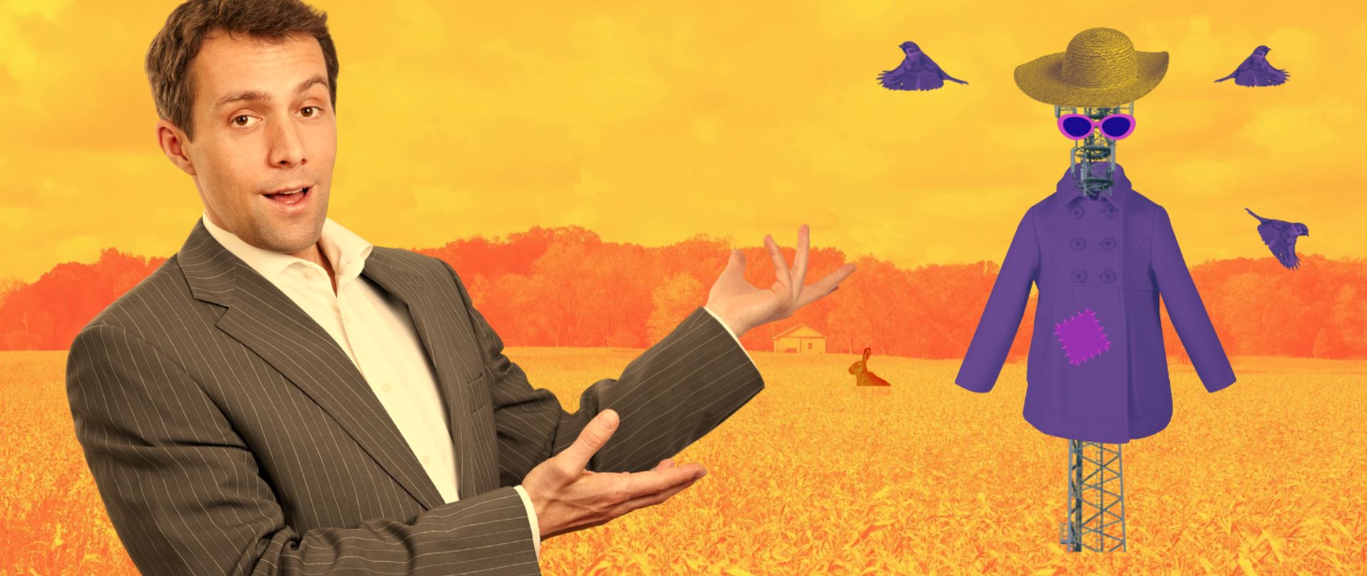 Ilustracja przedstawia scenę na polu dojrzałego zboża. Po prawej stronie widać stojący maszt telekomunikacyjny przebrany za stracha na wróble i uciekające, wystraszone przez niego ptaki. Po lewej, na pierwszym planie mężczyzna w marynarce gestem rąk wskazuje na stracha w geście prezentacji.