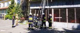 Słuchacze z OSP i instruktorzy z PSP na stanowisku z drabiną przystawną.