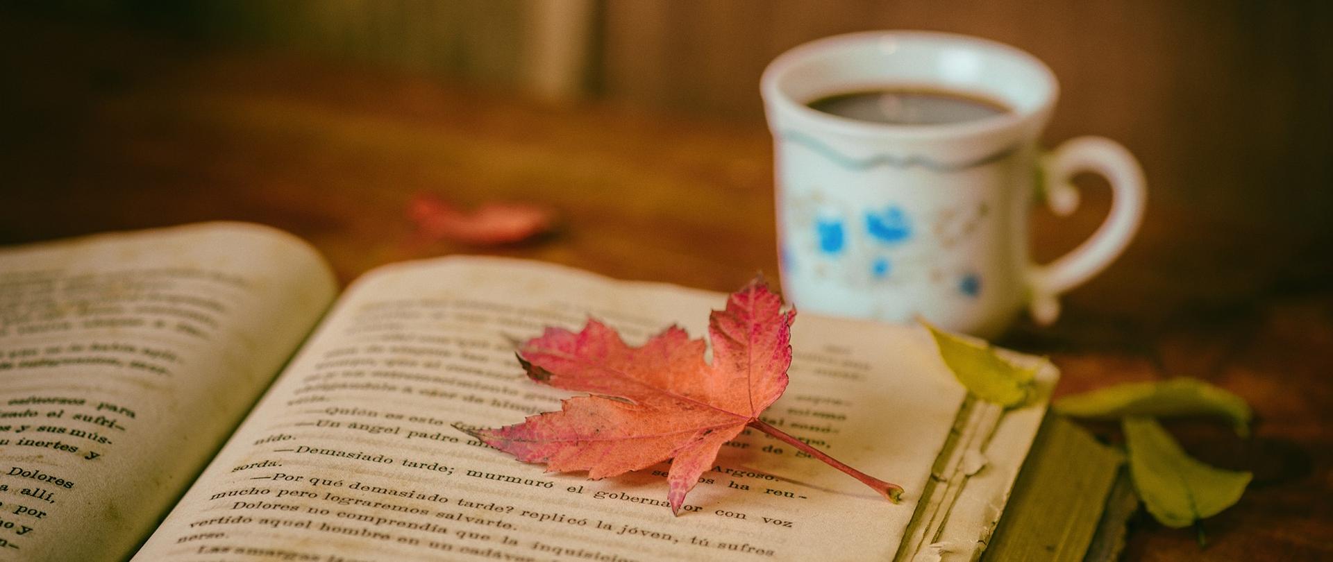 Zdjęcie przedstawiające po lewej stronie otwartą książkę. W środkowej części zdjęcia liść klonowy leżący na książce. W tle widoczny blat na którym lezy książka i kubek w kolorze białym z niebieskim wzorami.