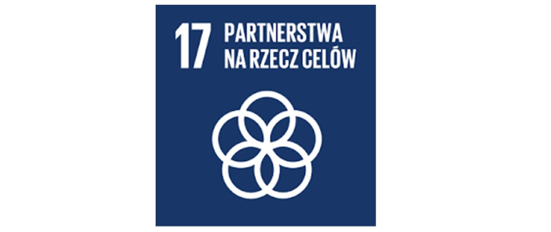 Na granatowym tle widocznych jest pięć przecinających się ze sobą okręgów, co symbolizuje cel 17 „Partnerstwa na rzecz celów”. 