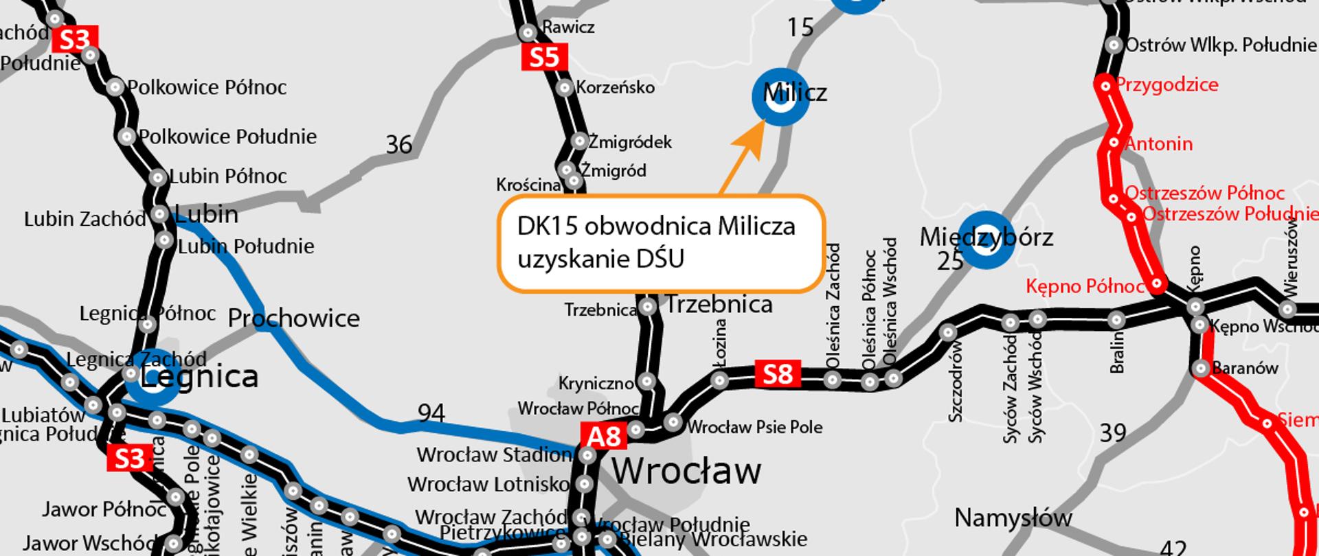 Grafika z drogami Dolnego Śląska z zaznaczoną informacją o uzyskaniu DŚU dla obwodnicy Milicza