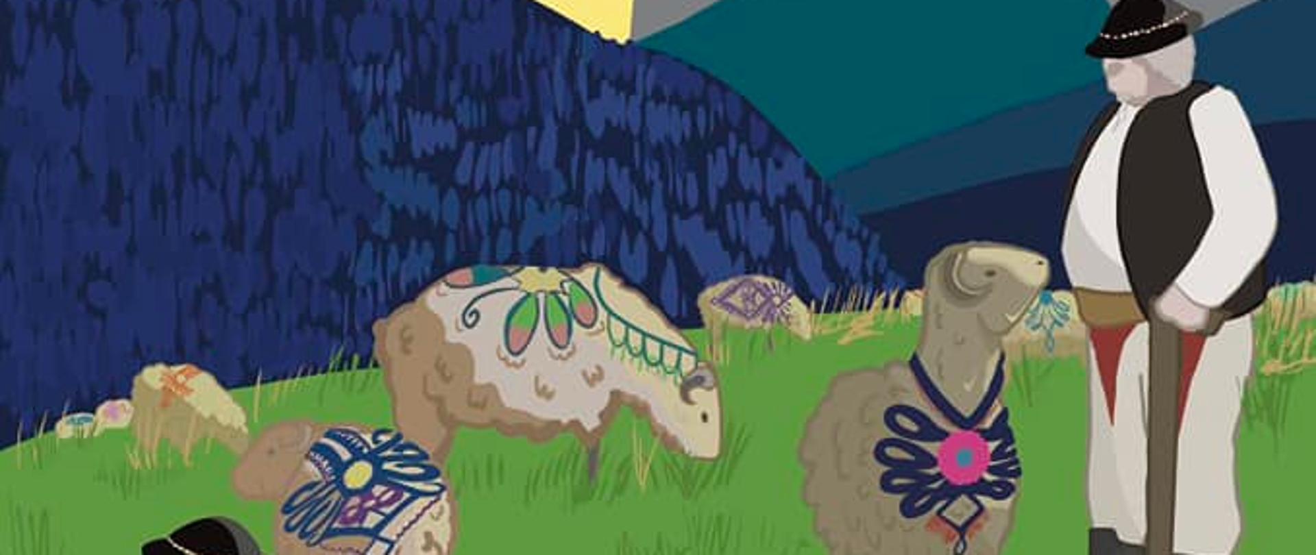 Plakat, na zielonym tle pasące się owce ozdobione wzorami folkloru zakopiańskiego, pilnowane przez dwóch górali, na horyzoncie widać góry.