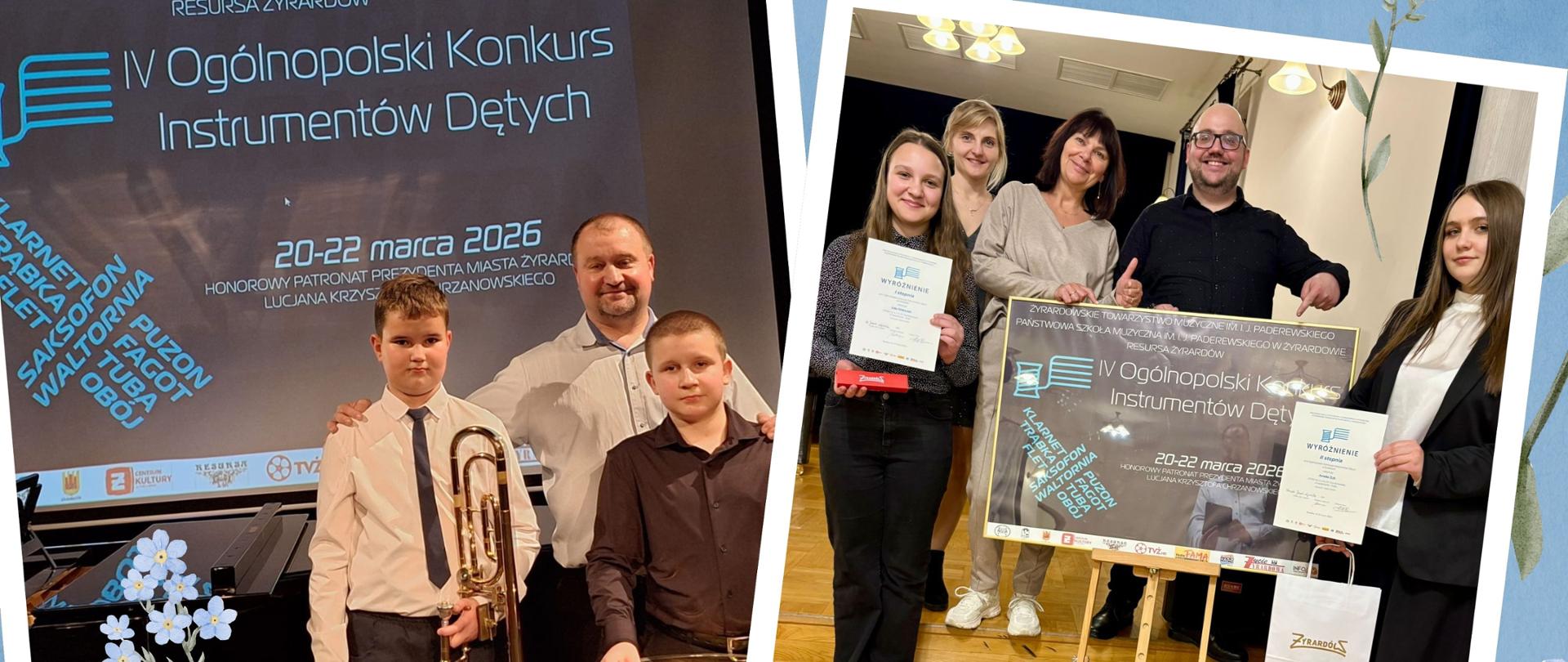 Grafika to kolaż dwóch pionowych fotografii umieszczonych na jasnoniebieskim tle ozdobionym delikatnymi, błękitnymi kwiatami niezapominajek. Zdjęcia mają białe obramowania i są lekko nachylone ku sobie, tworząc dynamiczną kompozycję upamiętniającą IV Ogólnopolski Konkurs Instrumentów Dętych w Żyrardowie (20-22 marca 2026).
Lewe zdjęcie: Przedstawia trzech mężczyzn (dwóch młodszych i jednego dorosłego) stojących na tle ekranu z logotypem konkursu. Chłopiec po lewej, ubrany w białą koszulę i krawat, trzyma w dłoniach puzon; wszyscy uśmiechają się do obiektywu w oficjalnej, uroczystej atmosferze.
Prawe zdjęcie: Ukazuje pięć osób stojących na drewnianym parkiecie sali koncertowej, zgromadzonych wokół tablicy informacyjnej konkursu umieszczonej na sztaludze. Dwie młode kobiety po bokach prezentują otrzymane dyplomy i nagrody, a towarzyszący im dorośli opiekunowie wyrażają radość, wykonując gesty kciuka w górę.
