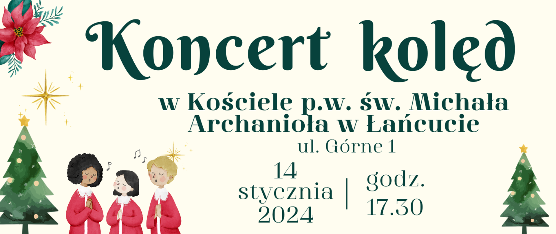 Plakat, ogłoszenie o koncercie kolęd w Kościele p. w. św. Michała Archanioła w Łańcucie 14 stycznia 24 godz. 17.30