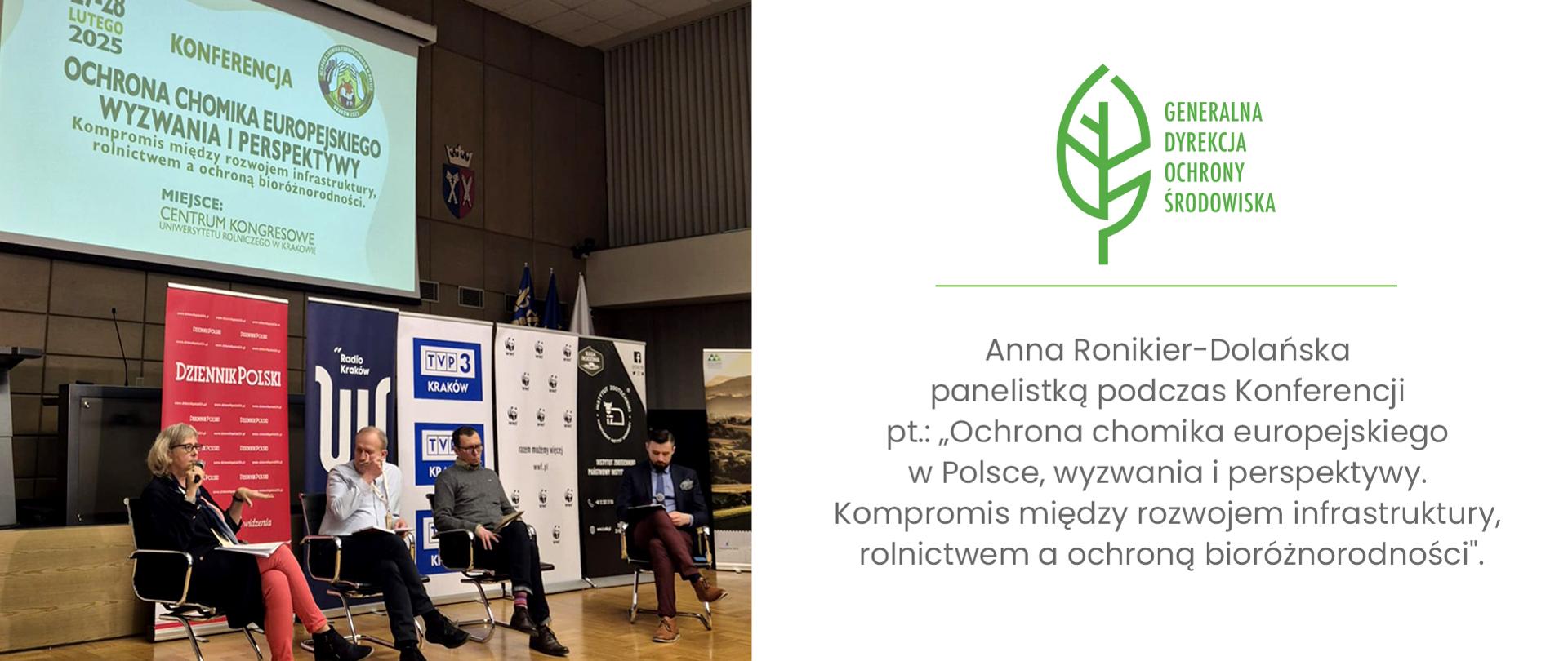 Anna Ronikier-Dolańska panelistką podczas Konferencji pt.: „Ochrona chomika europejskiego w Polsce, wyzwania i perspektywy. Kompromis między rozwojem infrastruktury, rolnictwem a ochroną bioróżnorodności”. Uczestnicy panelu dyskusyjnego. Anna Ronikier-Dolańska przy mikrofonie.